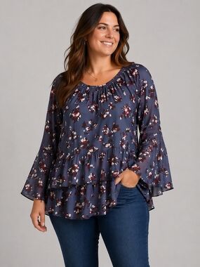 Lane Bryant Floral Print Boho Tiered Bell Sleeve Blouse Size 14